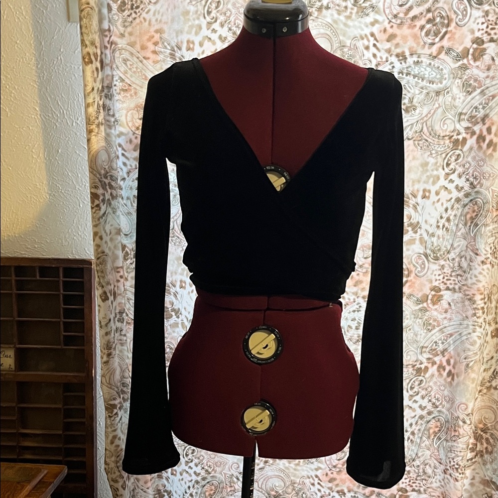 Black velvet Long Sleeve Wrap Top